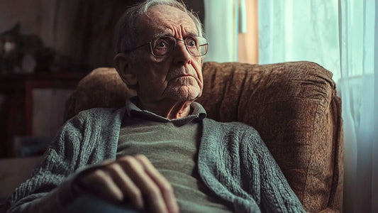An elderly man sitting in an armchair. His facial expression denotes slight nervousness and confusion.