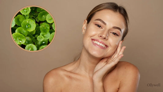 A woman with healthy skin and the herb Gotu Kola.